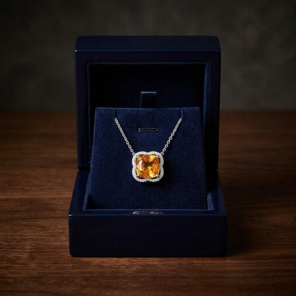 Citrine And Diamond Scalloped Framed Necklace In 14k White Gold (17-inch Rolo Chain) — gift presentation