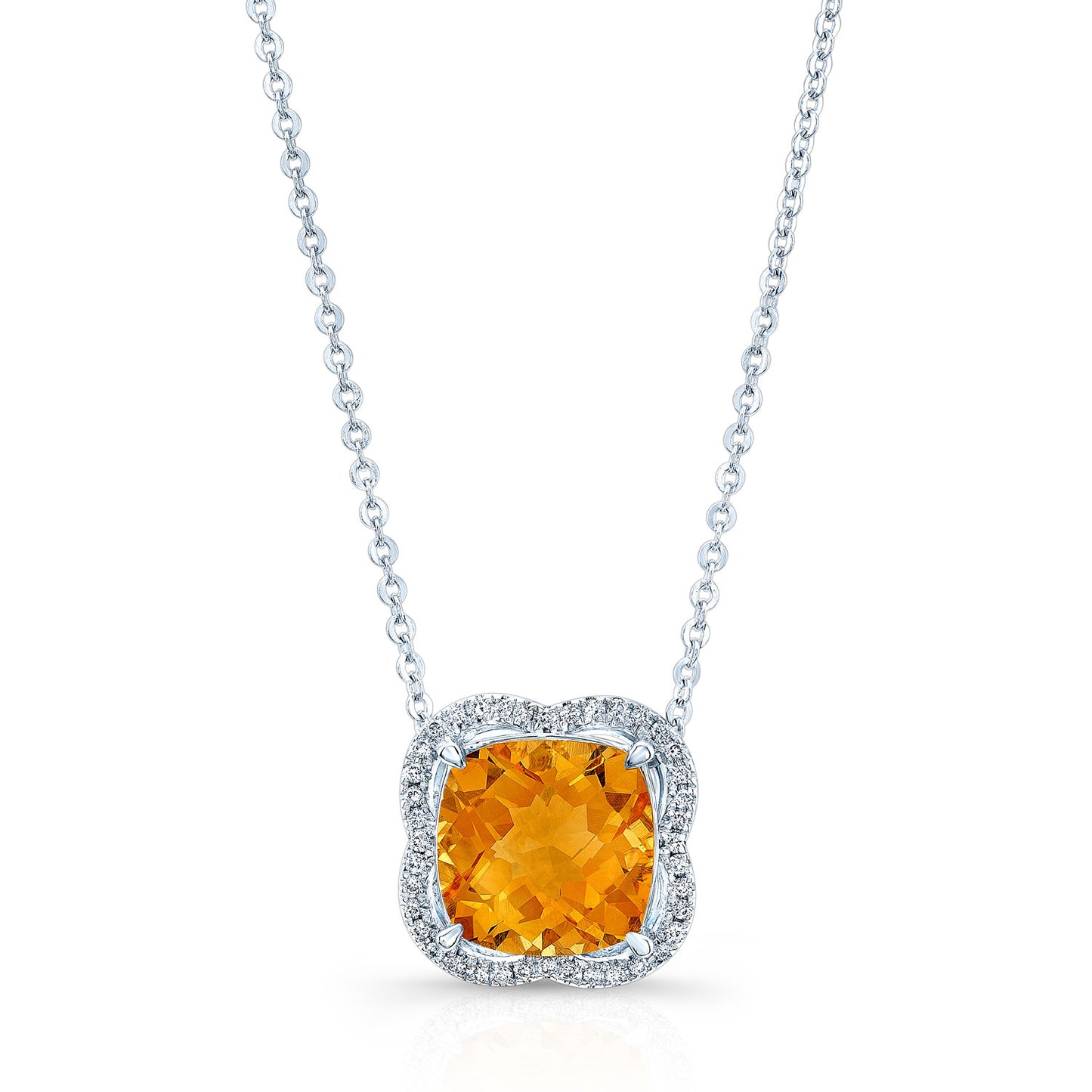 Citrine And Diamond Scalloped Framed Necklace In 14k White Gold (17-inch Rolo Chain)