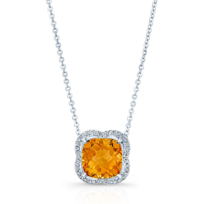 Citrine And Diamond Scalloped Framed Necklace In 14k White Gold (17-inch Rolo Chain)