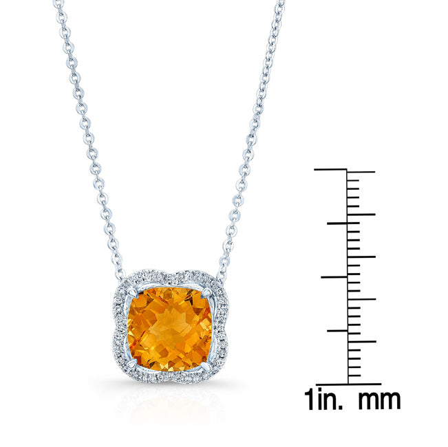 Citrine And Diamond Scalloped Framed Necklace In 14k White Gold (17-inch Rolo Chain)