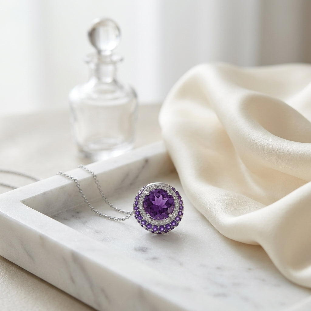 Amethyst And Diamond Halo Pendant With Crescent Color Accent In 14k White Gold — atelier still life