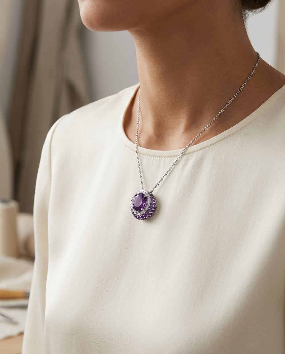 Amethyst And Diamond Halo Pendant With Crescent Color Accent In 14k White Gold — editorial close-up