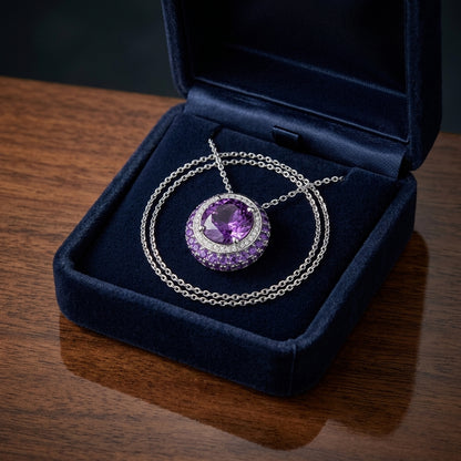 Amethyst And Diamond Halo Pendant With Crescent Color Accent In 14k White Gold — gift presentation