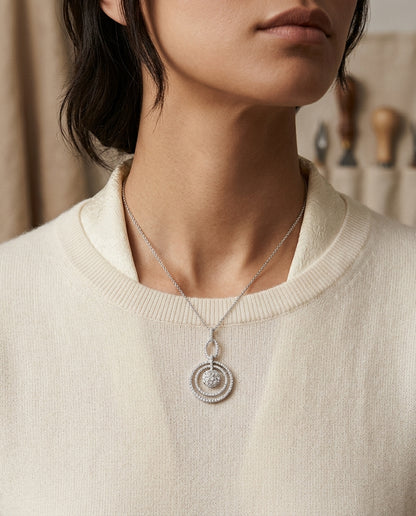 Diamond Cluster Oval Link Dangle Necklace In 14k White Gold 18-inch Chain — editorial close-up