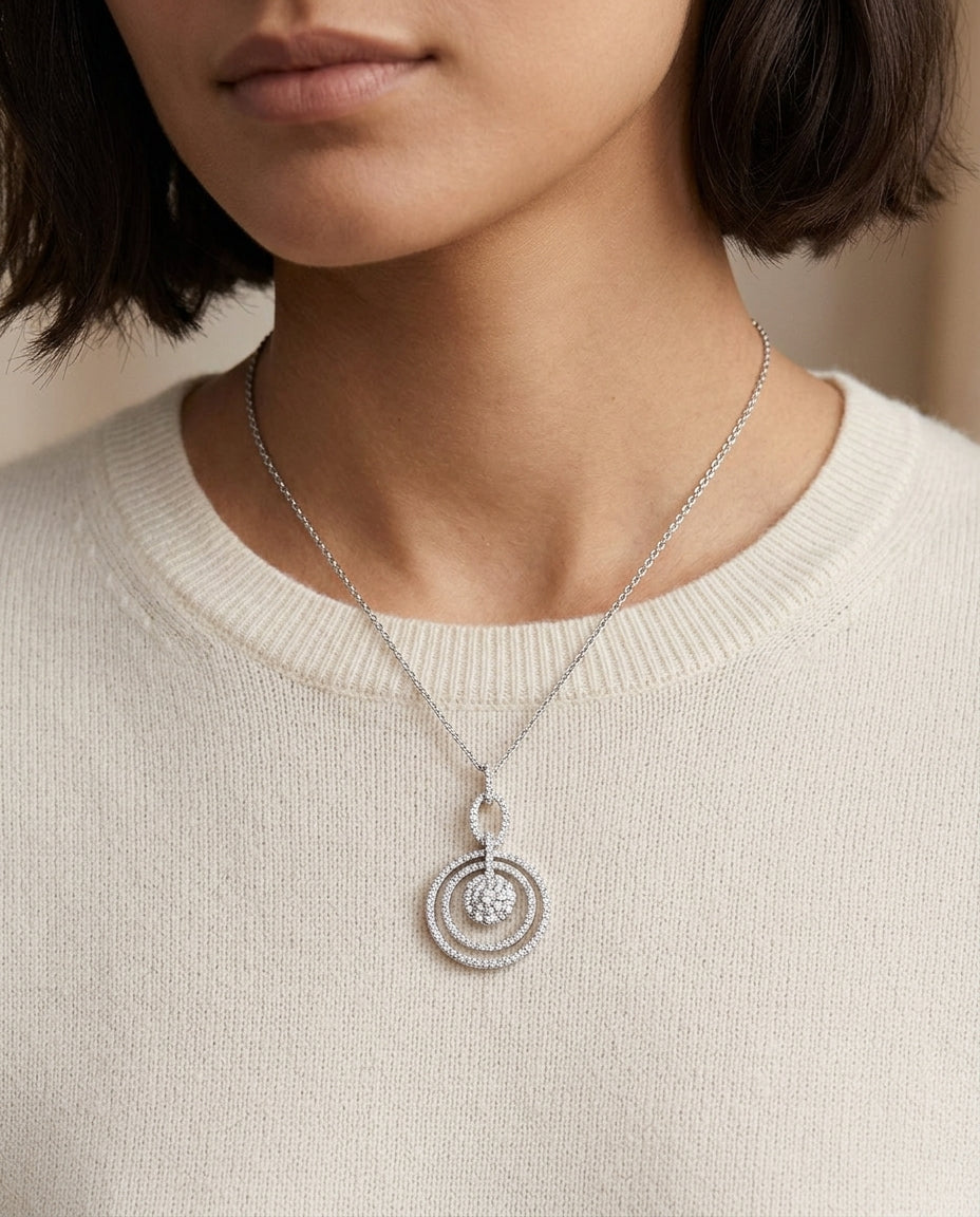 Diamond Cluster Oval Link Dangle Necklace In 14k White Gold	16-inch Chain — editorial close-up