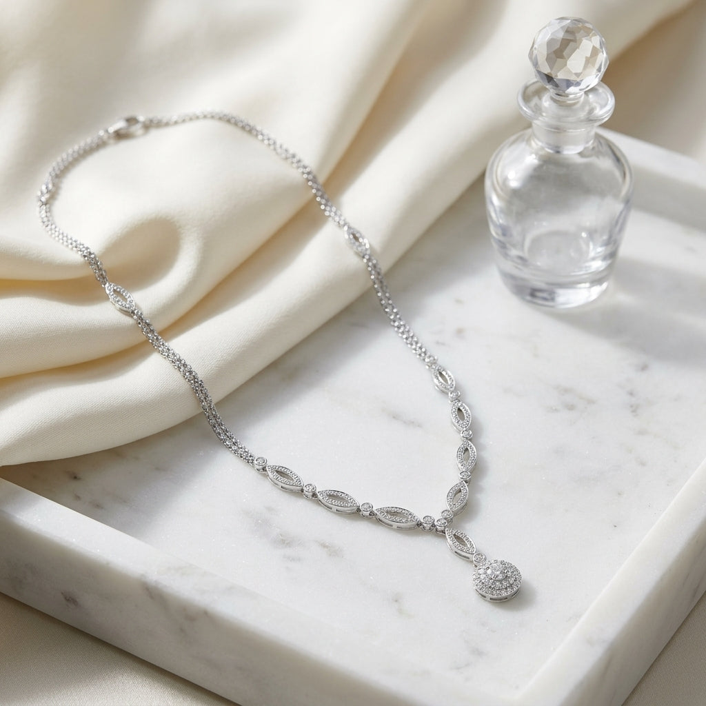 Diamond Marquise Link Necklace With Double Strand Chain In 14k White Gold — atelier still life