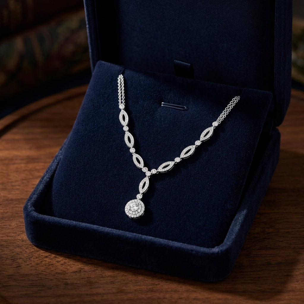 Diamond Marquise Link Necklace With Double Strand Chain In 14k White Gold — gift presentation