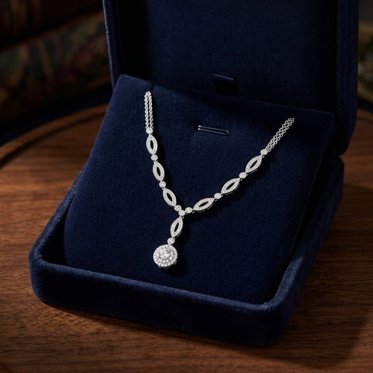 Diamond Marquise Link Necklace With Double Strand Chain In 14k White Gold — gift presentation