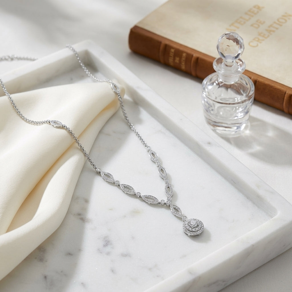 Diamond Marquise Link Necklace With Double Strand Chain In 14k White Gold — atelier still life