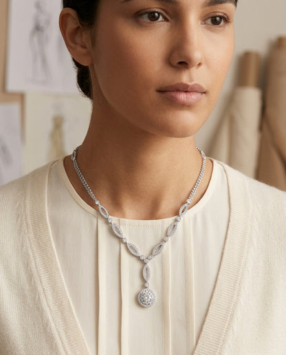 Diamond Marquise Link Necklace With Double Strand Chain In 14k White Gold — editorial close-up