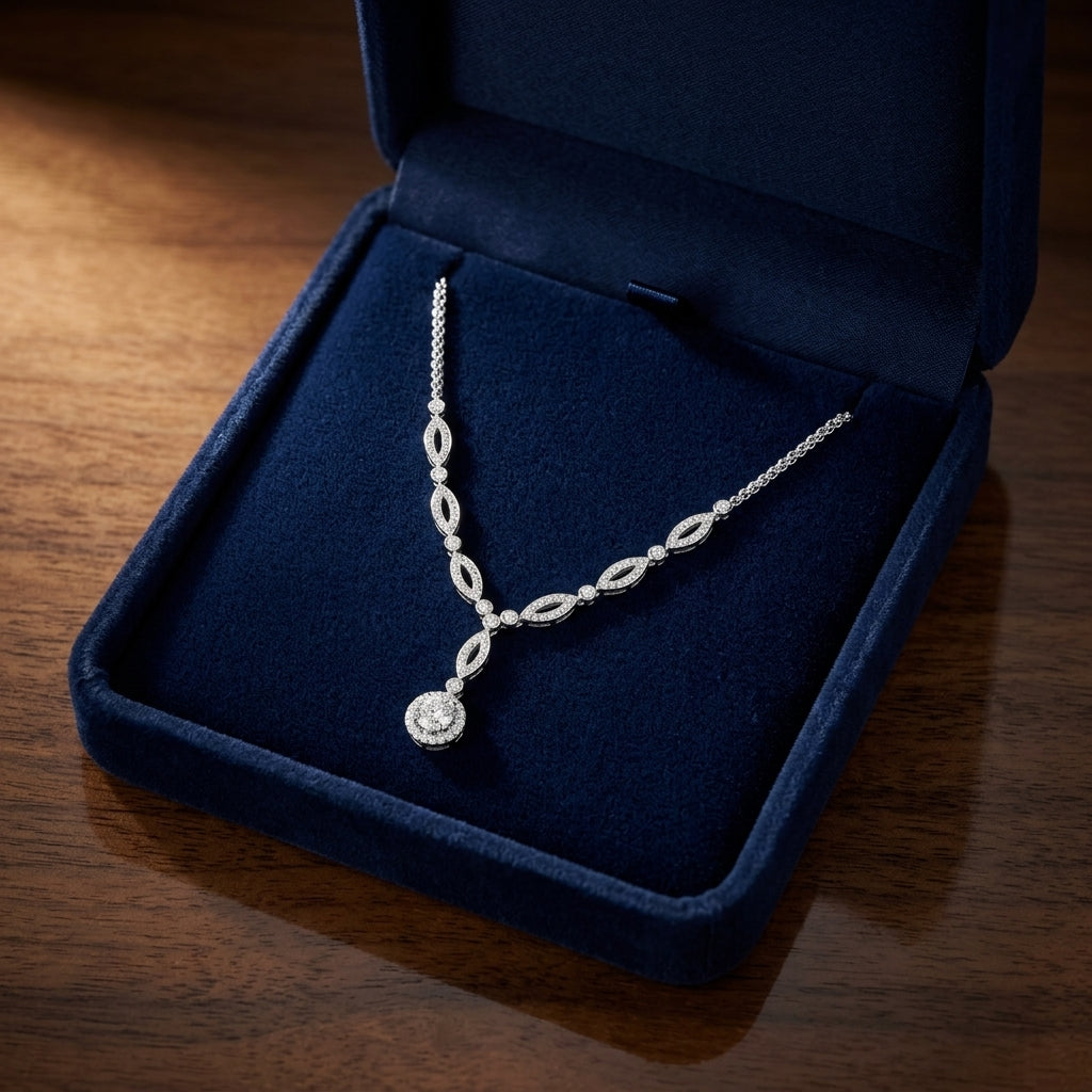Diamond Marquise Link Necklace With Double Strand Chain In 14k White Gold — gift presentation