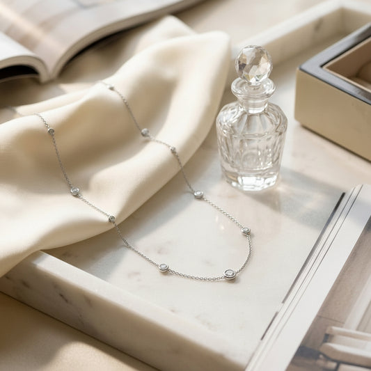Diamonds by the Yard Round Bezel Necklace in 14k White Gold — marble silk