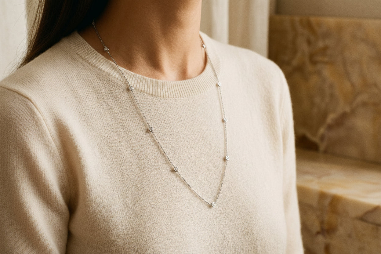 Diamonds by the Yard Round Bezel Necklace in 14k White Gold — portrait close