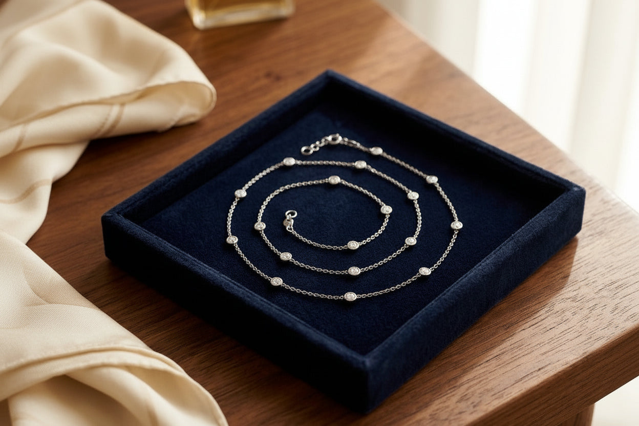 Diamonds by the Yard Round Bezel Necklace in 14k White Gold — velvet box