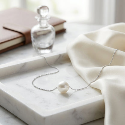 White Cultured Akoya Pearl Floating Necklace In 14k White Gold — atelier still life
