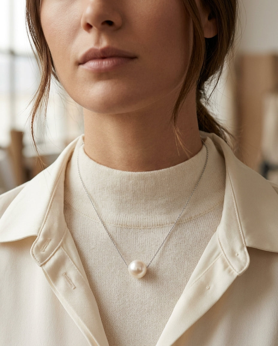 White Cultured Akoya Pearl Floating Necklace In 14k White Gold — editorial close-up
