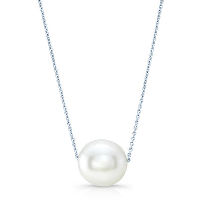 White Cultured Akoya Pearl Floating Necklace In 14k White Gold