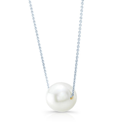 White Cultured Akoya Pearl Floating Necklace In 14k White Gold