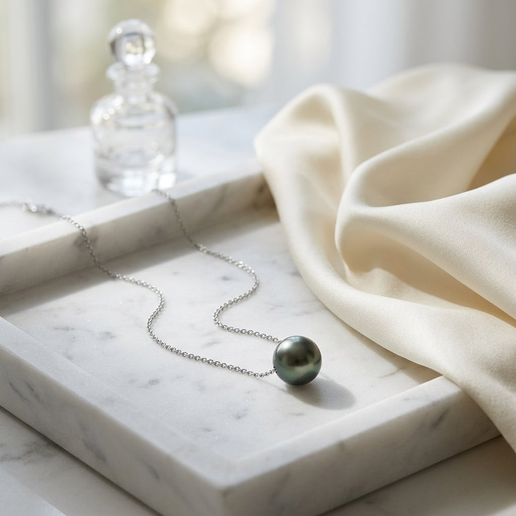 Black South Sea Pearl Floating Necklace In 14k White Gold — atelier still life