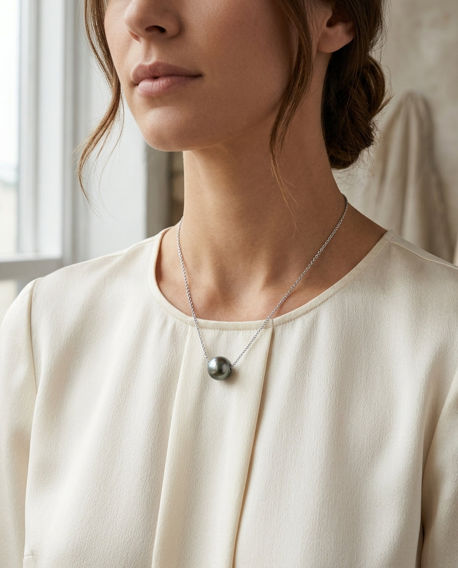 Black South Sea Pearl Floating Necklace In 14k White Gold — editorial close-up