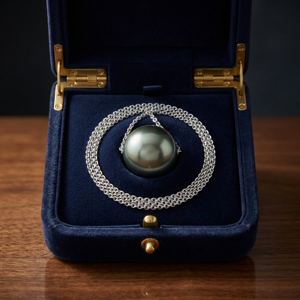 Black South Sea Pearl Floating Necklace In 14k White Gold — gift presentation