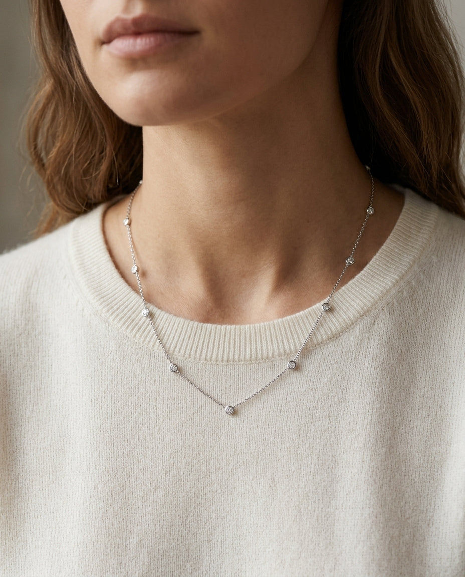 Diamonds By The Yard Round Bezel Charms Necklace In 14k White Gold — editorial close-up