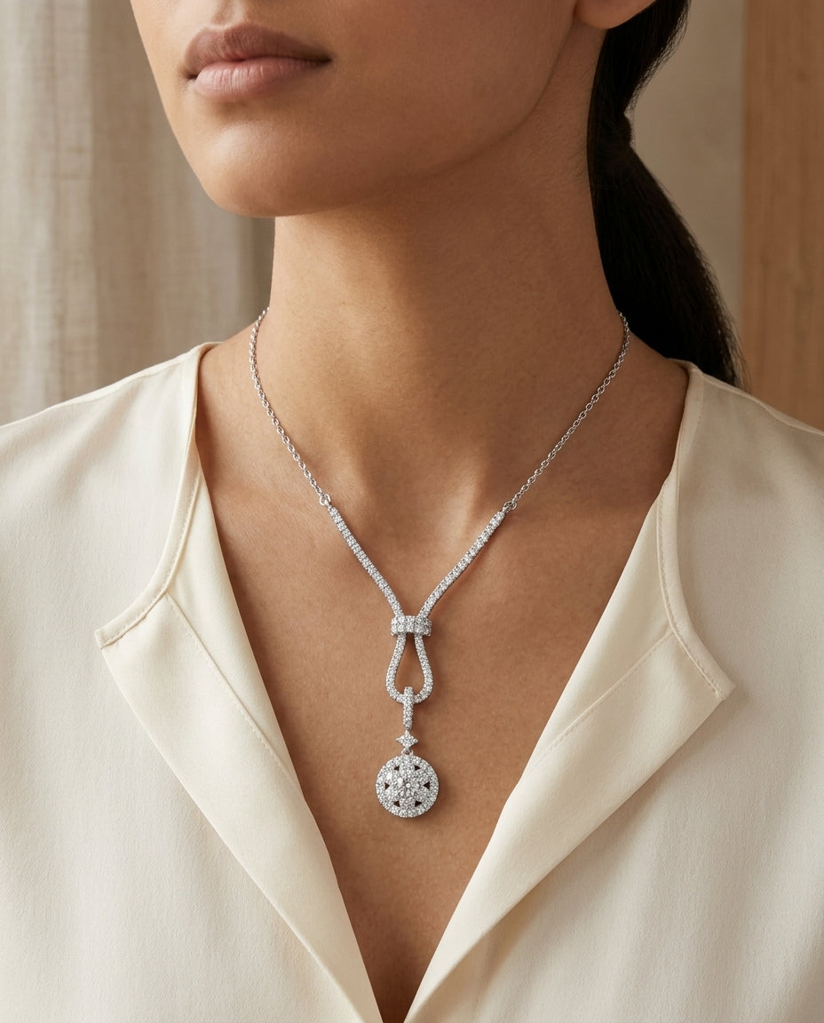 Diamond Cluster Riata Necklace In 14k White Gold — editorial close-up