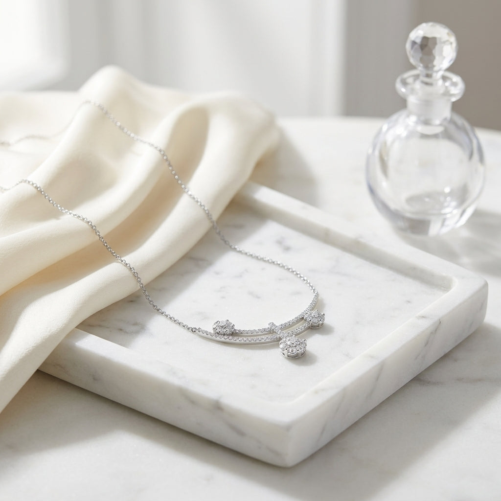 Diamond Cluster Curved Double Bar Necklace In 14k White Gold — atelier still life