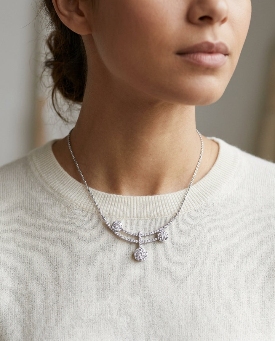 Diamond Cluster Curved Double Bar Necklace In 14k White Gold — editorial close-up