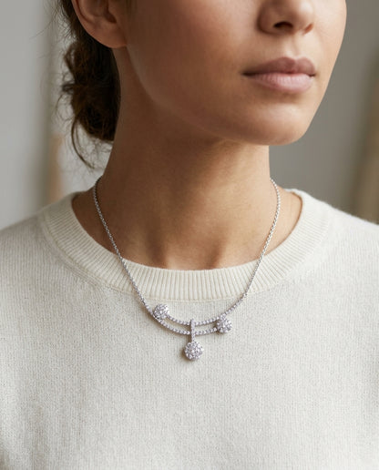 Diamond Cluster Curved Double Bar Necklace In 14k White Gold — editorial close-up