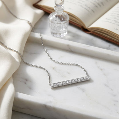 Diamond Pave Bar Necklace With Millgrained Edging In 14k White Gold — atelier still life