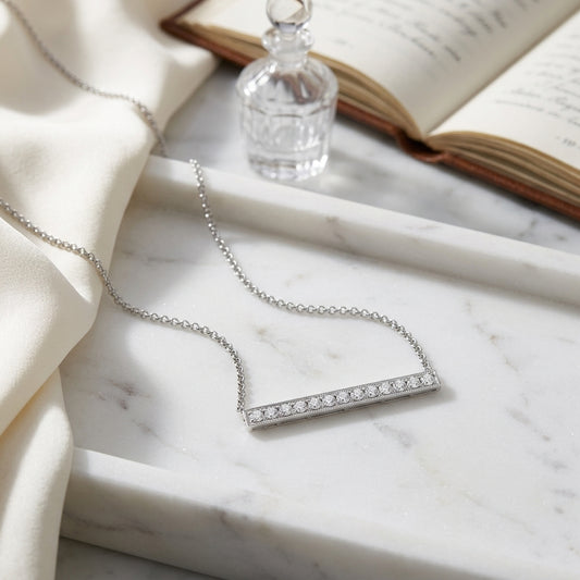 Diamond Pave Bar Necklace With Millgrained Edging In 14k White Gold — atelier still life