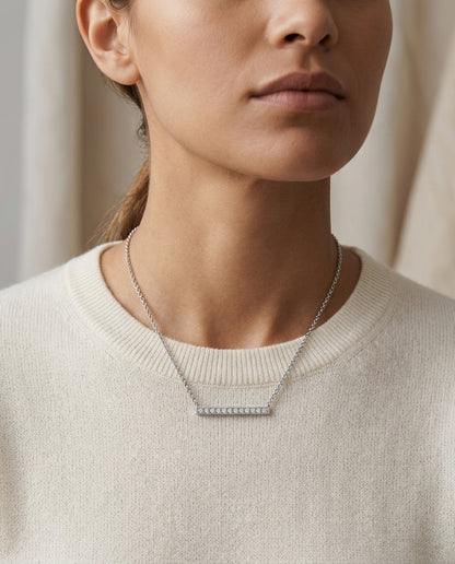 Diamond Pave Bar Necklace With Millgrained Edging In 14k White Gold — editorial close-up