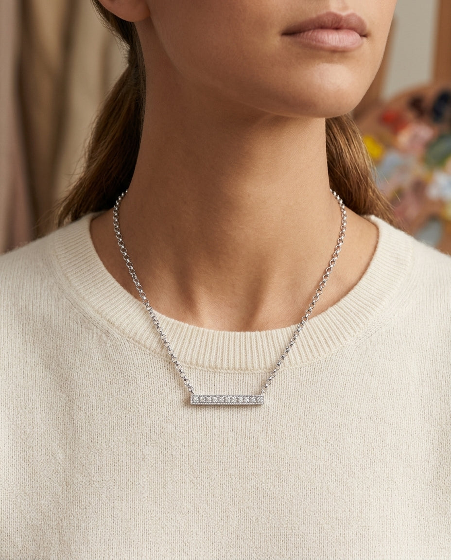 Diamond Bar Necklace In 14k White Gold 16 Inch Length — editorial close-up