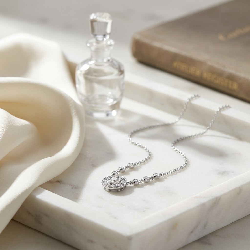 Diamond Round Halo Necklace With Milgrain Detail And Chain Beading In 14k White Gold (0.20ct Center) — atelier still life