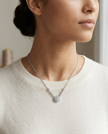 Diamond Round Halo Necklace With Milgrain Detail And Chain Beading In 14k White Gold (0.20ct Center) — editorial close-up