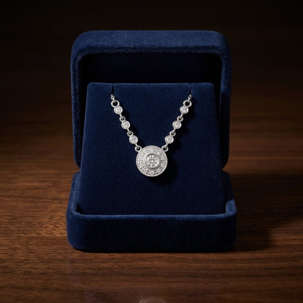 Diamond Round Halo Necklace With Milgrain Detail And Chain Beading In 14k White Gold (0.20ct Center) — gift presentation