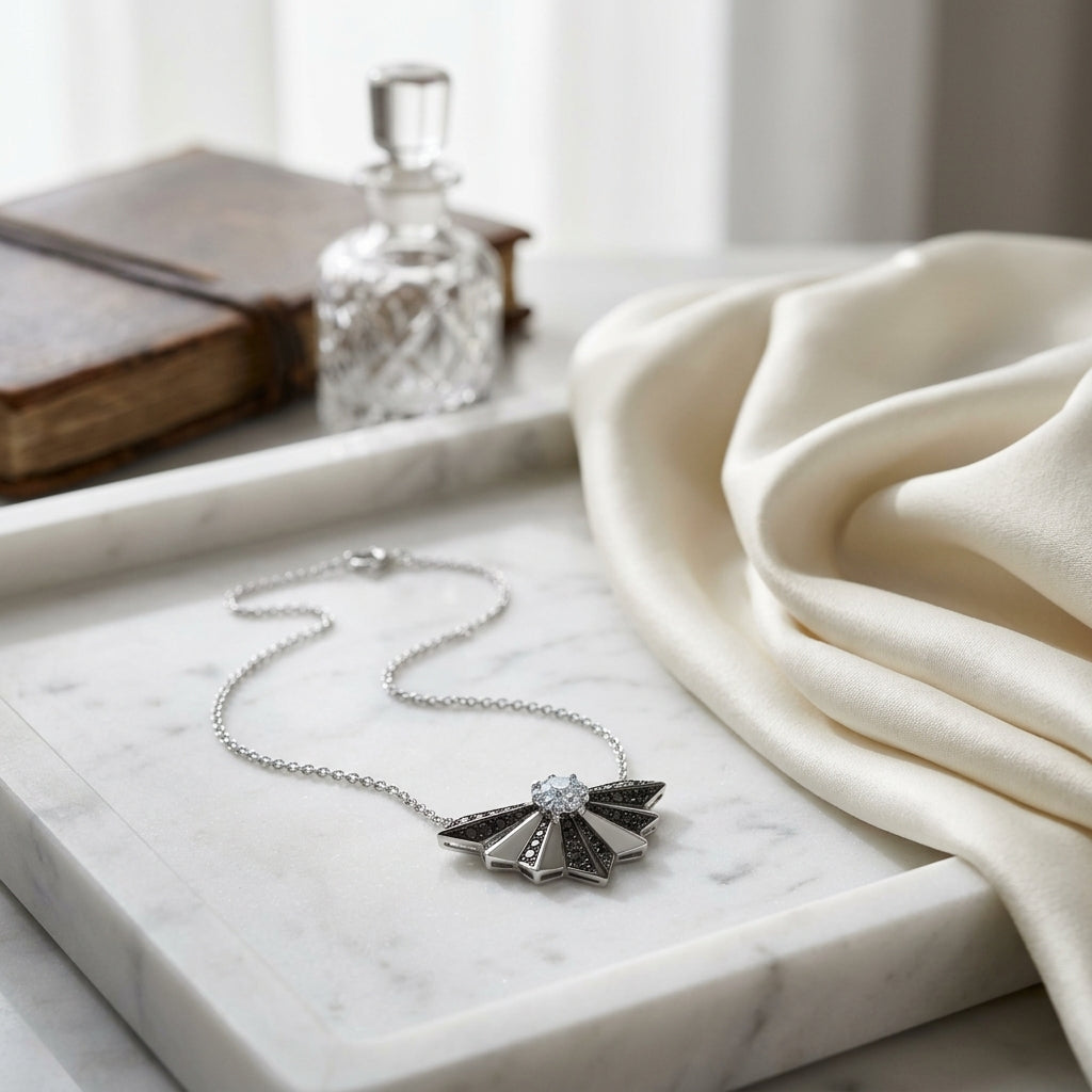 Black And White Diamond Fan Necklace In 14k White Gold (si) — atelier still life