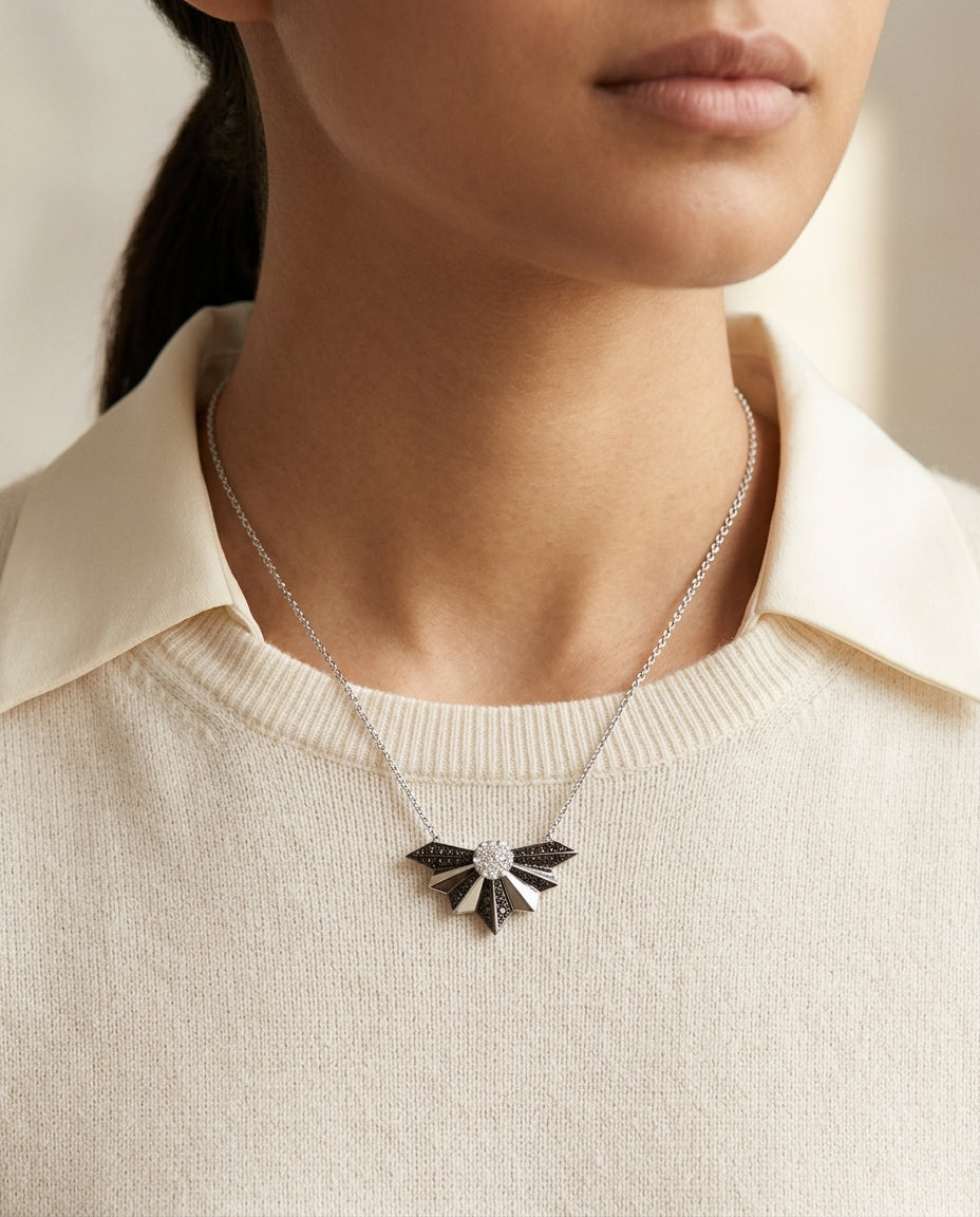 Black And White Diamond Fan Necklace In 14k White Gold (si) — editorial close-up