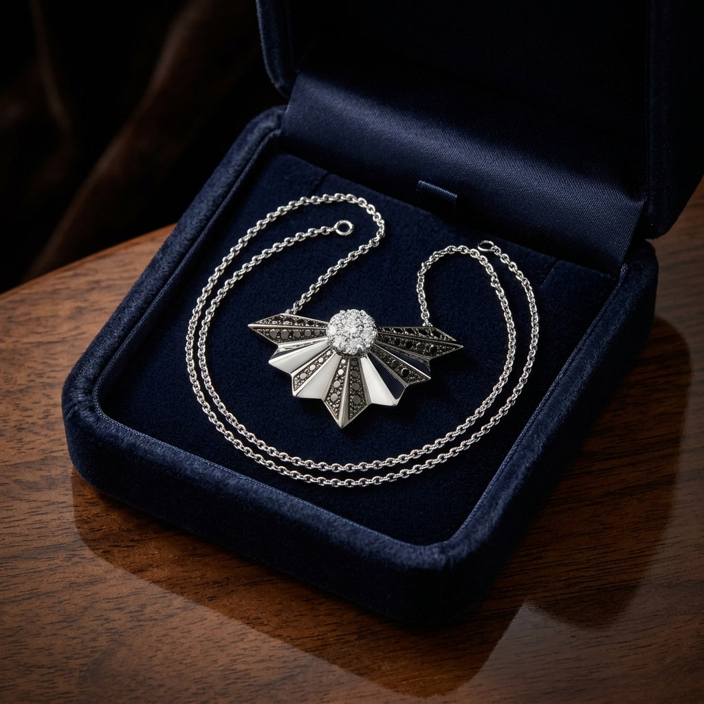 Black And White Diamond Fan Necklace In 14k White Gold (si) — gift presentation