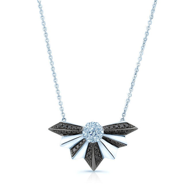 Black And White Diamond Fan Necklace In 14k White Gold (si)