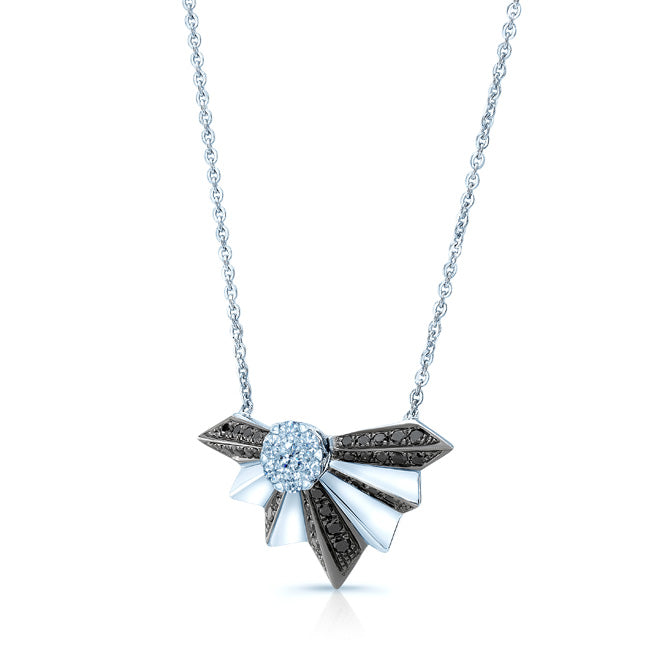 Black And White Diamond Fan Necklace In 14k White Gold (si)