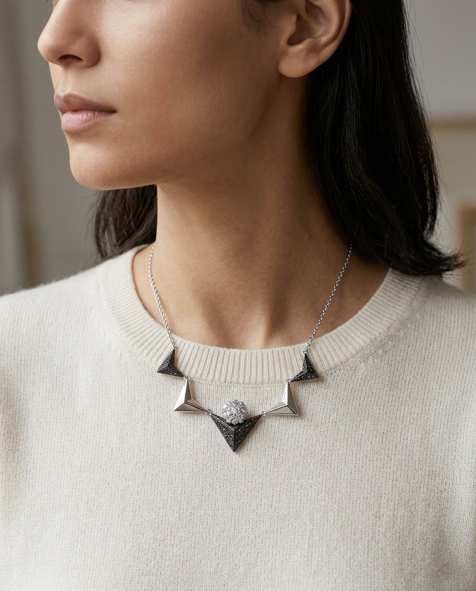 Black And White Diamond Chevron Necklace In14k White Gold (si) — editorial close-up