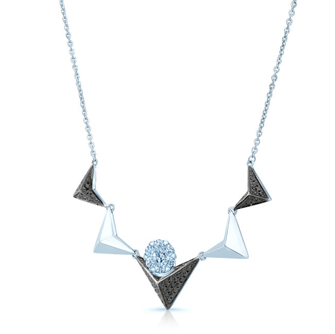 Black And White Diamond Chevron Necklace In14k White Gold (si)