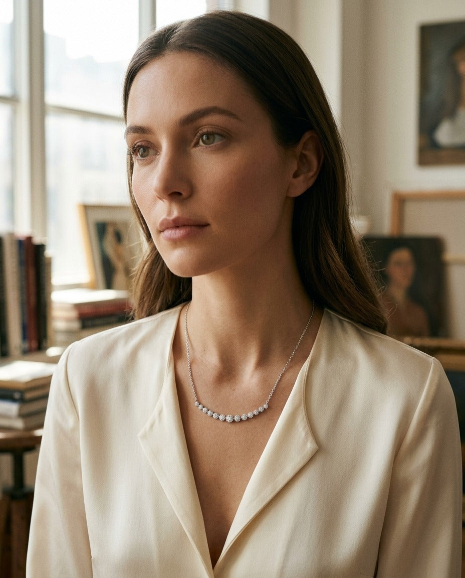 Diamond 13-Stone Floral Millgrained Necklace in 14k White Gold (1/3 Ct.tw.) — portrait full