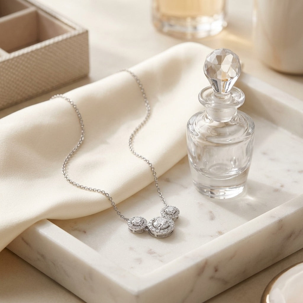 Diamond Three Stone Halo Necklace In 14k White Gold — marble silk