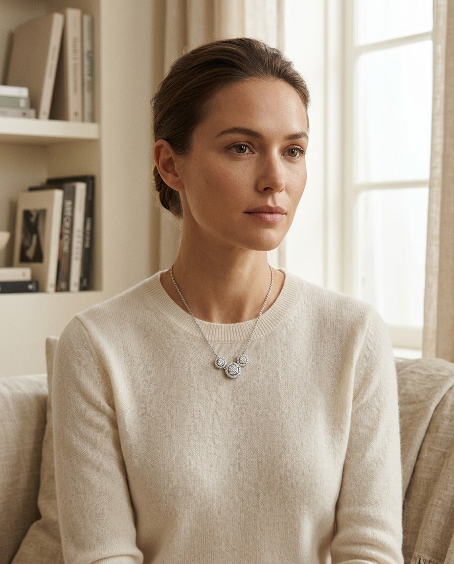Diamond Three Stone Halo Necklace In 14k White Gold — portrait full