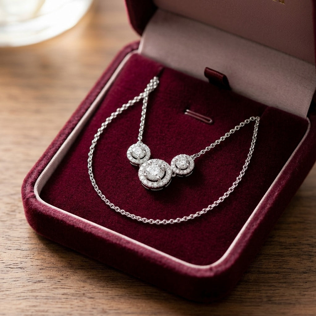 Diamond Three Stone Halo Necklace In 14k White Gold — velvet box