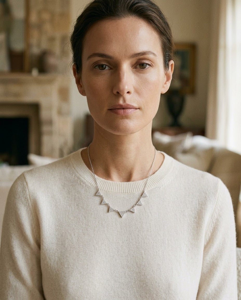 Diamond Pave 7-Triangle Necklace In 14k White Gold 16-18 Inch Adjustable Length — portrait close