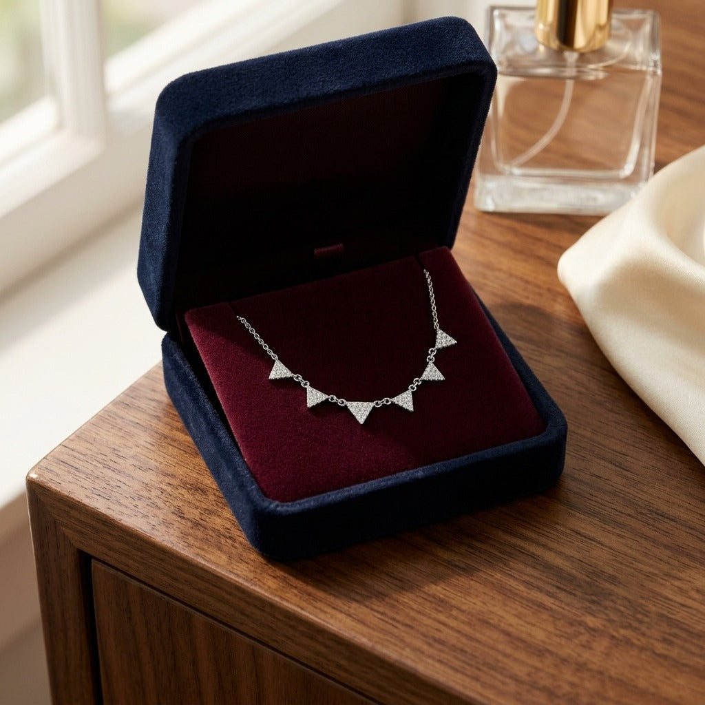 Diamond Pave 7-Triangle Necklace In 14k White Gold 16-18 Inch Adjustable Length — velvet box